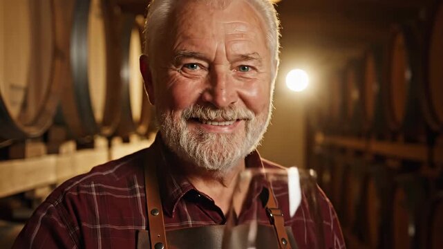 Elderly winemaker holding glass of red wine in cellar. Experienced senior vintner inspecting quality of beverage. Viticulture production and alcohol testing process.