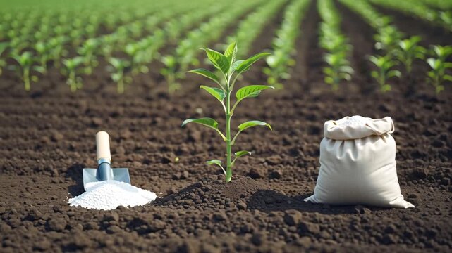 The plant is growing in a field, next to a bag and a shovel with granulated fertilizer
