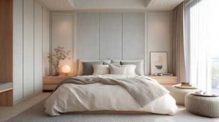 Fototapeta premium Modern and luxurious bedroom with a large window on the right side. the window has sheer curtains that let in natural light and offers a view of the city.