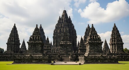 Fototapeta premium Majestic Prambanan Temple complex in Indonesia, a UNESCO World Heritage site, showcasing ancient Hindu architecture under a bright blue sky with white clouds.