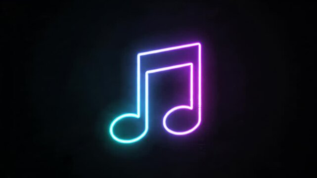 A vibrant neon music note glows brightly against a dark background