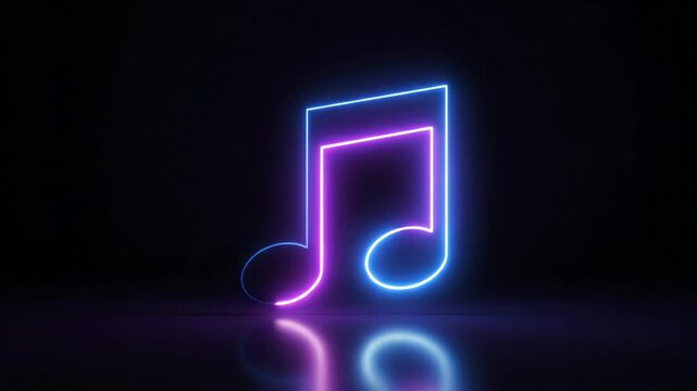 A neon musical eighth note emits purple and blue light on a reflective surface in darkness.