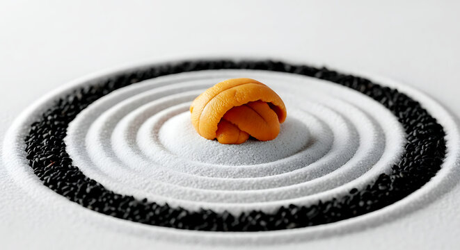still life, Zen rock garden miniature of a single, perfect uni gunkan as the central viewing stone on a precisely raked white sand circle, surrounded by black sesame gravel 