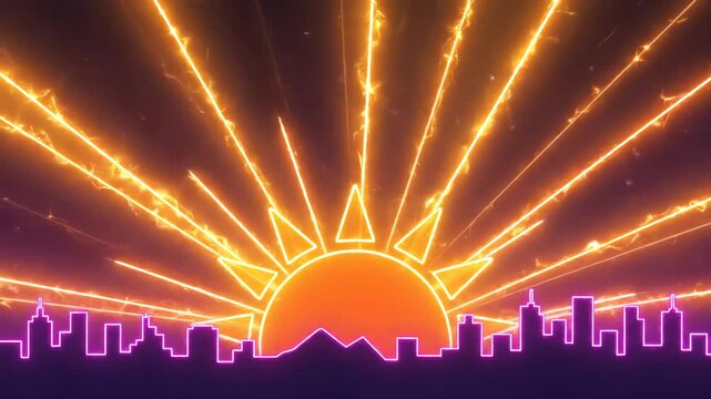 Vibrant sunset over cityscape with radiant yellow rays and purple silhouette at dusk