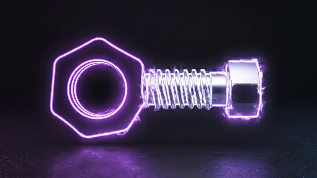 A neon-lit bolt and nut are displayed on a reflective surface in a dark setting.