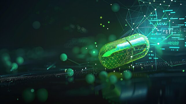 Futuristic digital capsule amidst a network of glowing nodes and connected lines