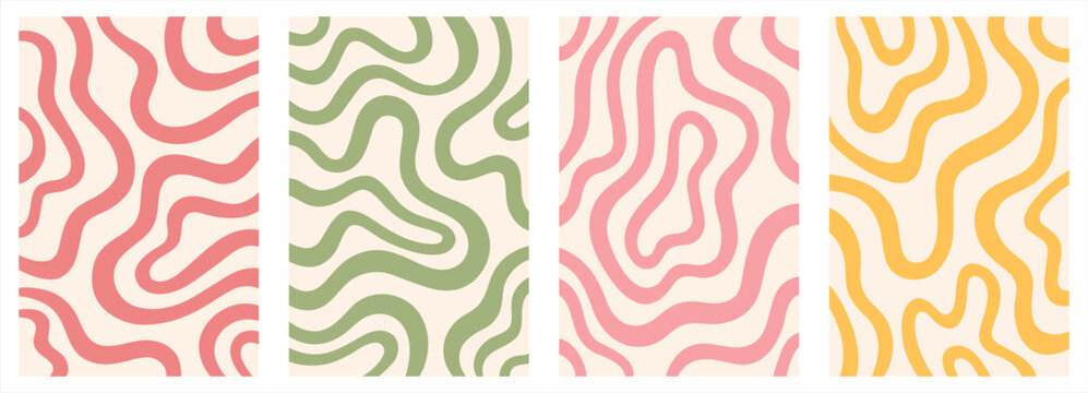 Organic twisted lines shapes, fluid curved wiggling stripes waves vector backgrounds set. Liquid funky ornaments, groovy hippie patterns collection. Doodle uneven hand drawn wavy winding bold lines