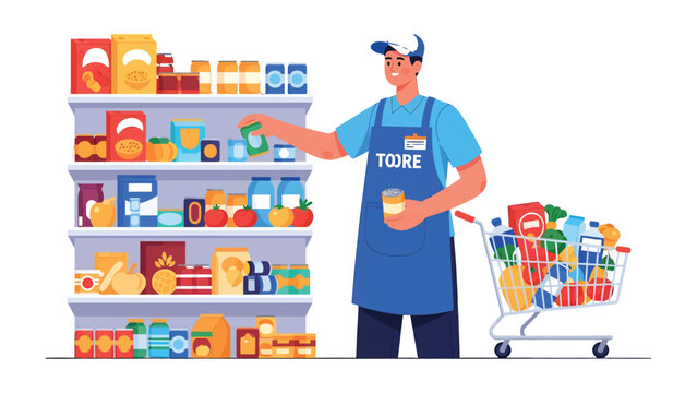 Supermarket Display: A focused worker carefully arranges products on a shelf, showcasing a bustling scene of food items and groceries within the grocery store.