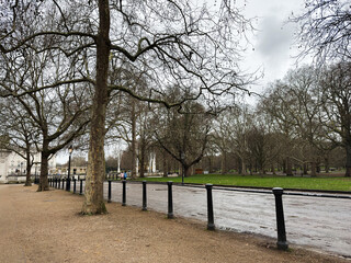 Fototapeta premium London park scene with bare trees, wet path, and metal railing after rain