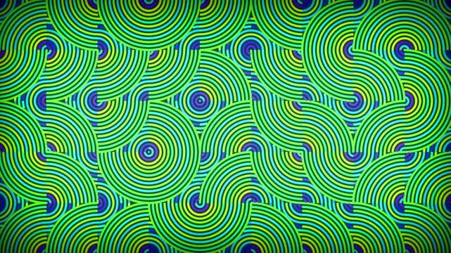 Seamless pattern with green leaves and abstract circles in a geometric vector design featuring floral textures and organic wave lines for a decorative wallpaper backdrop