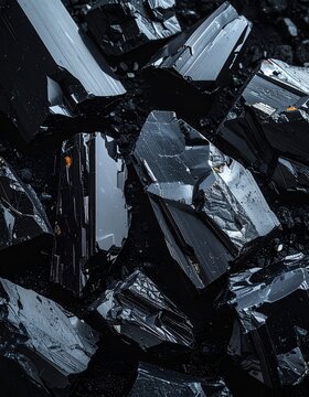 Close-up of shiny black obsidian rocks with sharp edges and reflective surfaces.
