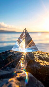 Crystal Pyramid Reflecting Sunlight on Rocky Shoreline at Sunset.