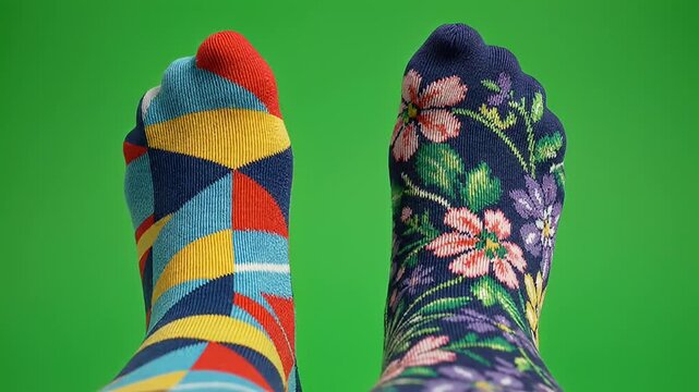 Close up of two feet wearing colorful patterned socks against a green screen background.