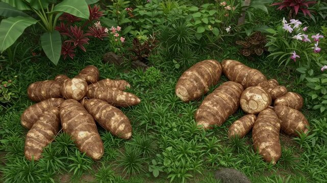 Harvested taro roots arranged on lush tropical ground. Fresh organic corm crops displayed in greenery. Agriculture concept for sustainable farming and vegetable.