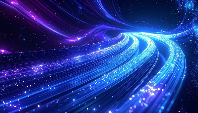 Fiber Optic Network Data Transmission with Glowing Blue and Purple Light Trails.