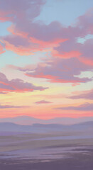 Obraz premium A painted landscape shows layered mountains beneath a vibrant sunset sky filled with soft pink and purple clouds above a muted horizon.