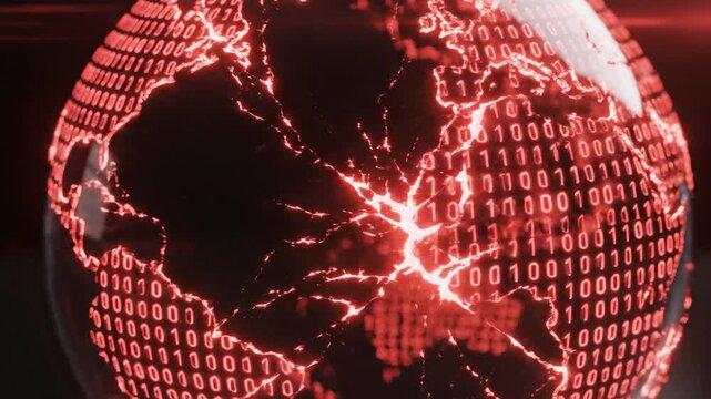 Global cyber defense ai arms race geopolitics digital world map crack binary crisis tension concept digital globe data sphere red binary code network