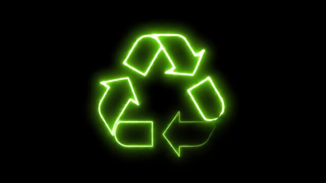 A glowing green recycling symbol made of arrows is prominently displayed on a dark background with a white section.