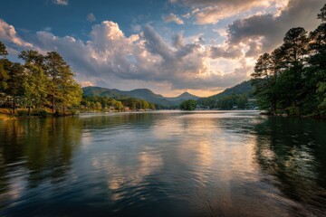 Obraz premium Glassy Water and Puffy Clouds on Lake Lure Shoreline