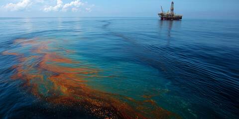 Obraz premium An oil spill spreads across the ocean surface near an offshore drilling platform, highlighting environmental concerns. The situation shows the impact on marine life