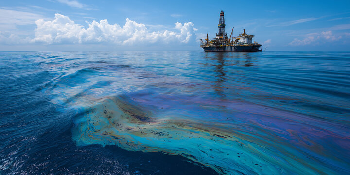 An oil spill spreads across the ocean surface near an offshore drilling platform, highlighting environmental concerns. The situation shows the impact on marine life