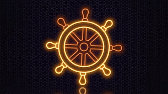 Glowing ship wheel with neon lights on a dark background