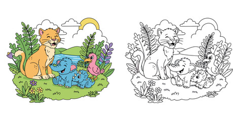 Obraz premium Happy Cartoon Animals in Nature - Lion, Elephant, Rhino, and Bird Friendship Illustration