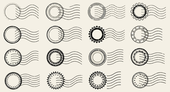Collection of diverse vintage postal stamp outlines with various decorative edges and wavy cancellation marks for retro design projects and communication themes