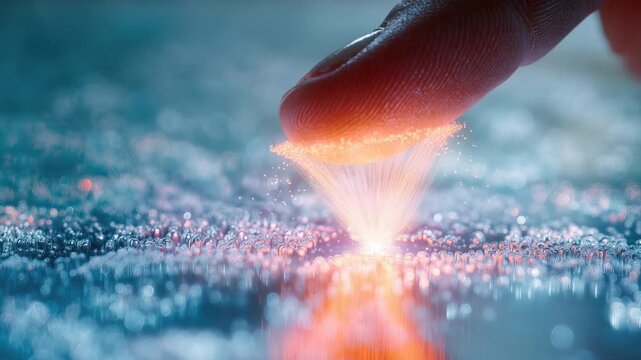 Finger touches glowing digital surface softly. Orange light pulses beneath touch. Texture feels real yet digital. Emotionless gesture, focused on interaction