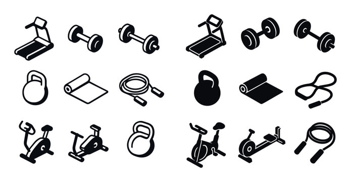 Fitness icons with treadmill dumbbell kettlebell minimal