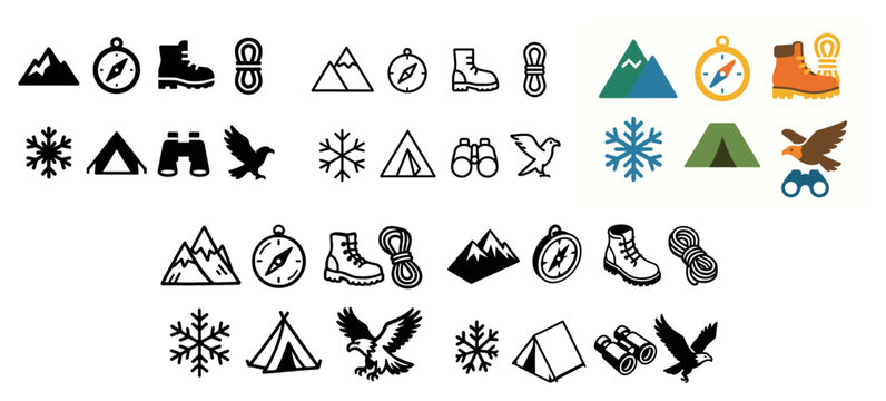 Outdoor icons with mountain compass tent flat