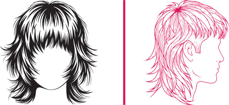 Vector line art of a bold black shag with heavy bangs and a modern pink mullet silhouette. Edgy, layered hairstyles showcasing retro-inspired textures for contemporary salon and barber branding.
