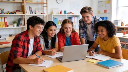 Fototapeta premium Diverse Students Studying Together with Teacher Around Laptop in Classroom for Team Learning and Education