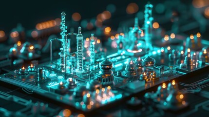 Obraz premium Futuristic, neon-lit illustration of a complex industrial plant with miniature towers and glowing lights