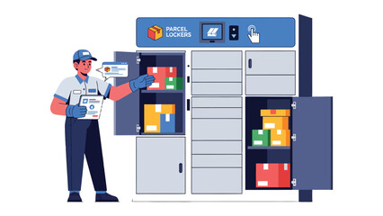 Naklejka premium Contactless Delivery Innovation: A delivery person interacts with a secure parcel locker system, showcasing the efficiency and convenience of modern package management. 