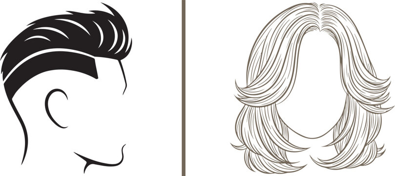 Vector line art of a stylish slicked-back undercut with a side part and a layered shoulder-length blowout. Clean silhouettes ideal for modern barbering and feminine hair salon branding.