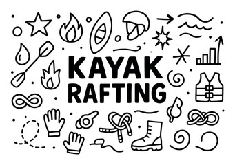 Fototapeta premium Kayak icons with paddle helmet doodle