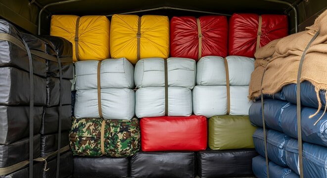 Stacked luggage bags in truck cargo smuggling illegal goods transportation