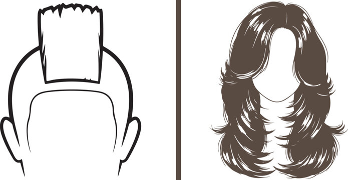 Vector illustration of a flat-top mohawk fade and long layered wavy hair. Clean line art silhouettes showcasing modern barbering and feminine styling for hair salon branding and beauty catalogs.