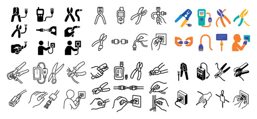 Naklejka premium Repair icons with pliers wire plug outline