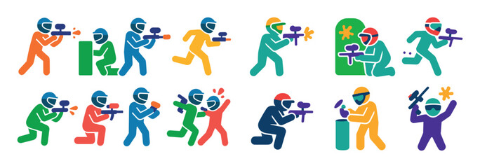 Obraz premium Paintball icons with players and guns colorful