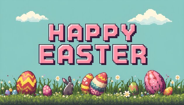 A colorful Easter graphic with pixelated eggs and bunny in a grassy field under a blue sky