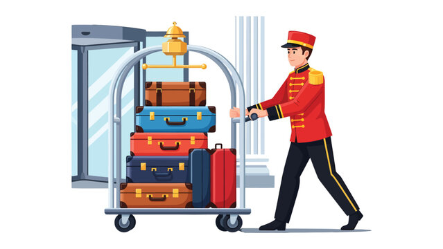 Hotel Porter with Luggage: A hotel porter, meticulously clad in his uniform, navigates the lobby, expertly maneuvering a luggage cart brimming with suitcases. Evoking a sense of service, travel.