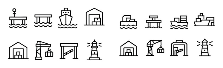 Fototapeta premium Harbor icons with ship warehouse crane outline
