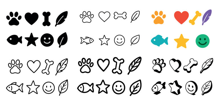 Pet icons with paw bone fish colorful outline