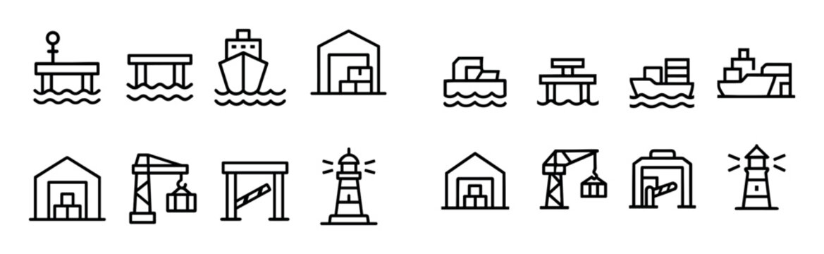 Harbor icons with ship warehouse crane outline