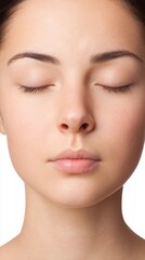 Obraz premium Calm portrait of a young woman studio setting facial beauty image neutral background close-up perspective
