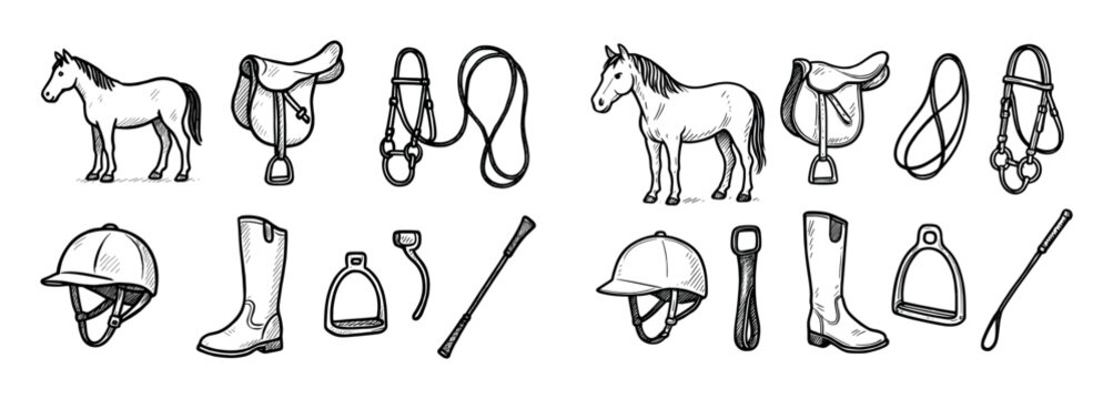Equestrian icons with horse saddle helmet sketch