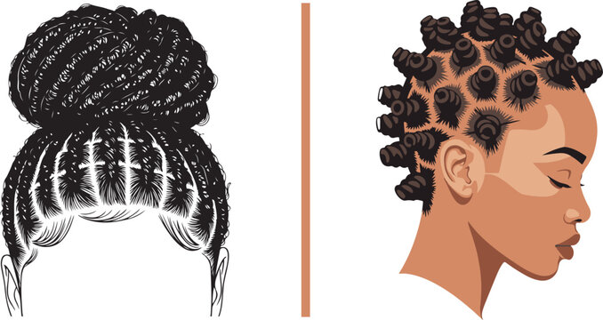 Stunning vector illustration showcasing protective hairstyles: a detailed black line-art braided bun with cornrows and a profile of a woman featuring stylized bantu knots. Ideal for beauty branding.