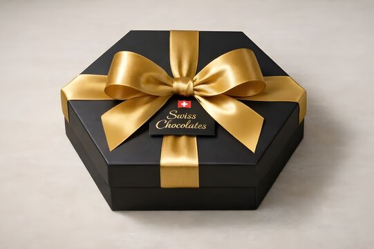 Premium Hexagonal Black Gift Box of Swiss Chocolates with Elegant Gold Satin Ribbon and Bow